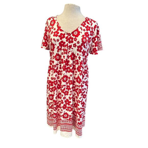 White Birch Red & White Floral Print Short Sleeve V-Neck Tunic Dress - Picture 1 of 7